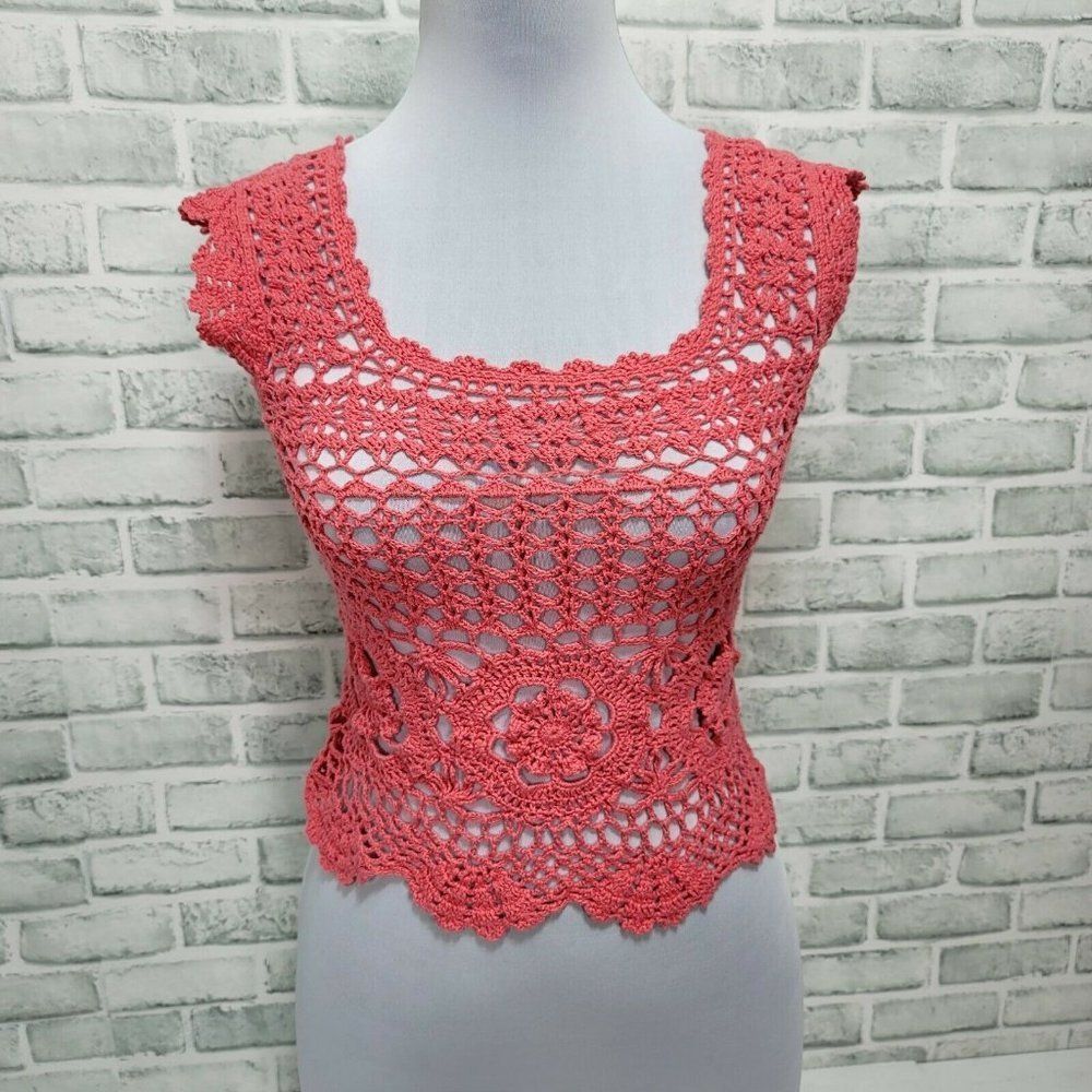Urban Outfitters Pins And Needles Size L Coral Pink Open Knit‎ Crochet Tank Top